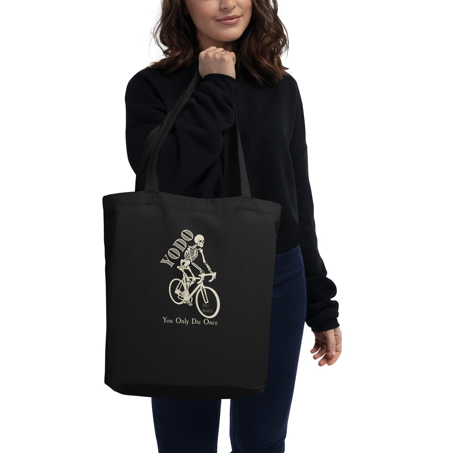 black "YODO" You Only Die Once eco tote bag from Daily Dreadful