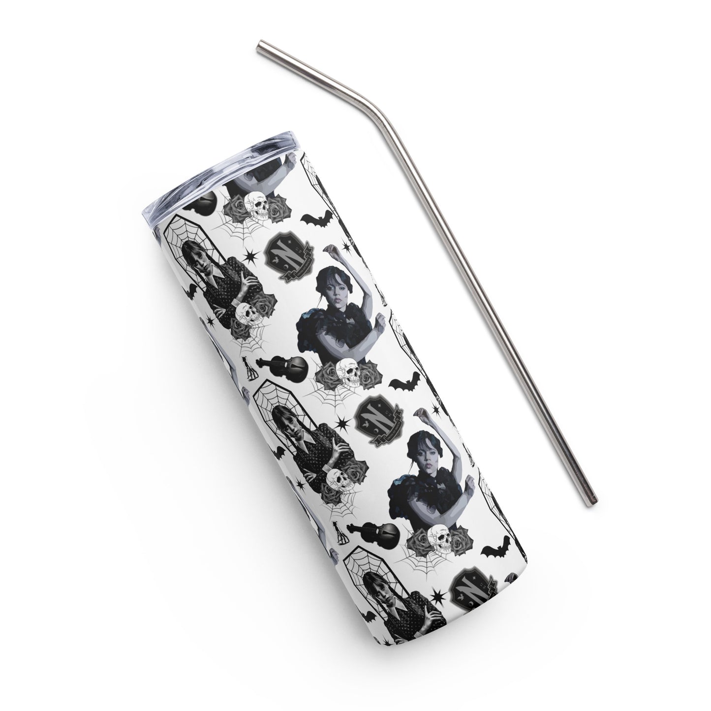 white & black tumbler with Wednesday Addams and her favorite things, bats, skulls, and cellos
