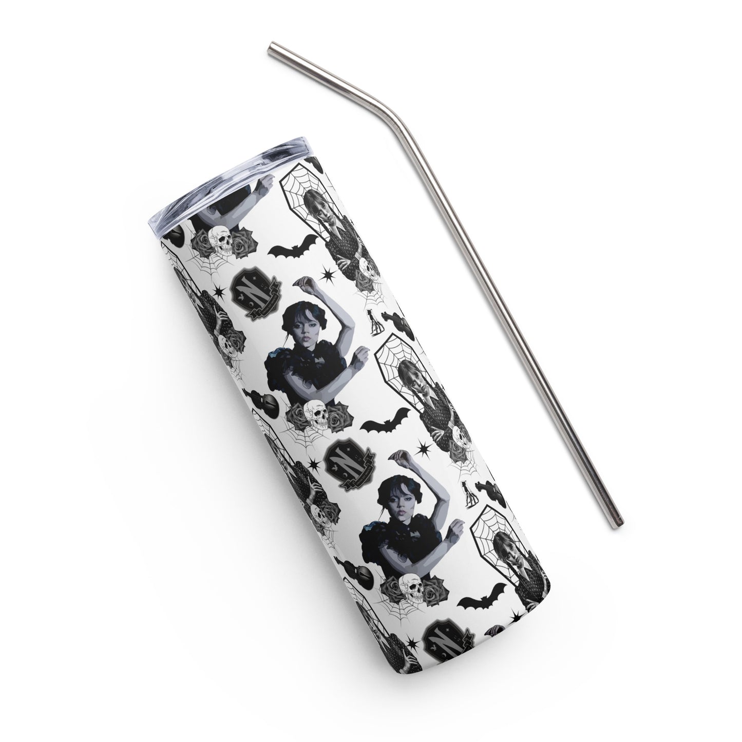white & black tumbler with Wednesday Addams and her favorite things, bats, skulls, and cellos