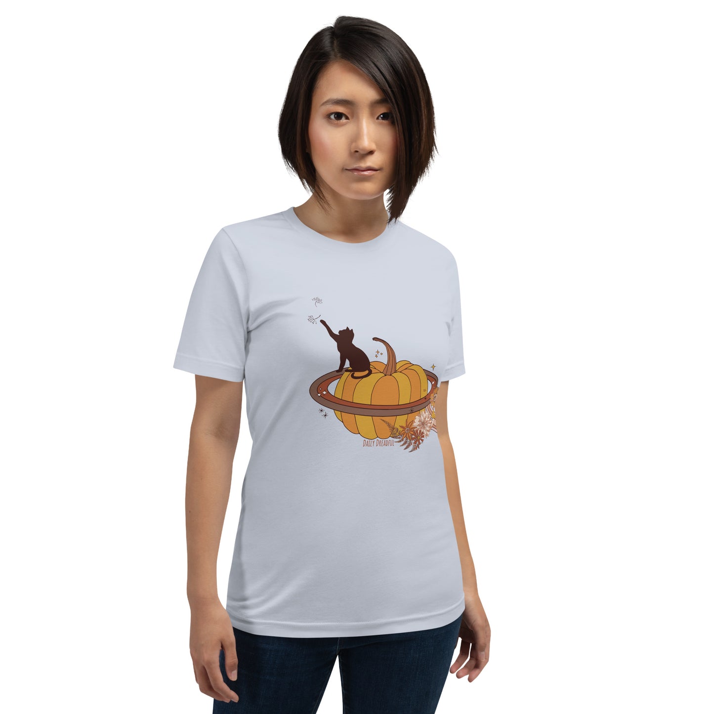 light blue "spooky fall kitty" t-shirt for women from Daily Dreadful