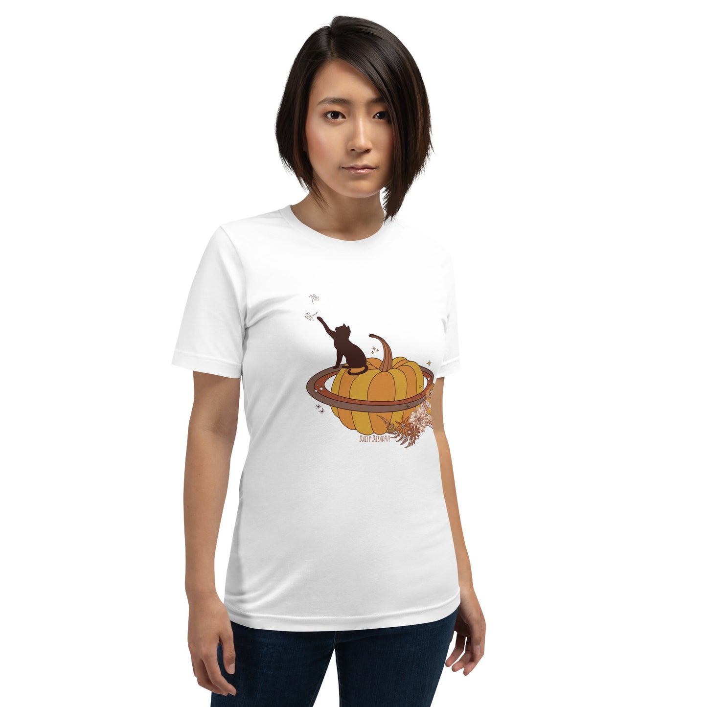 white "spooky fall kitty" t-shirt for women from Daily Dreadful