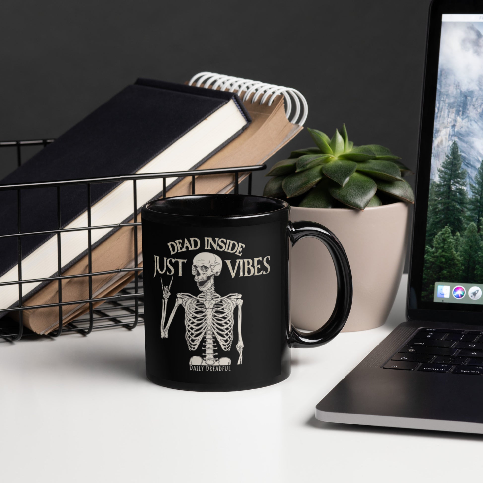 black dead inside just vibes skeleton mug. 