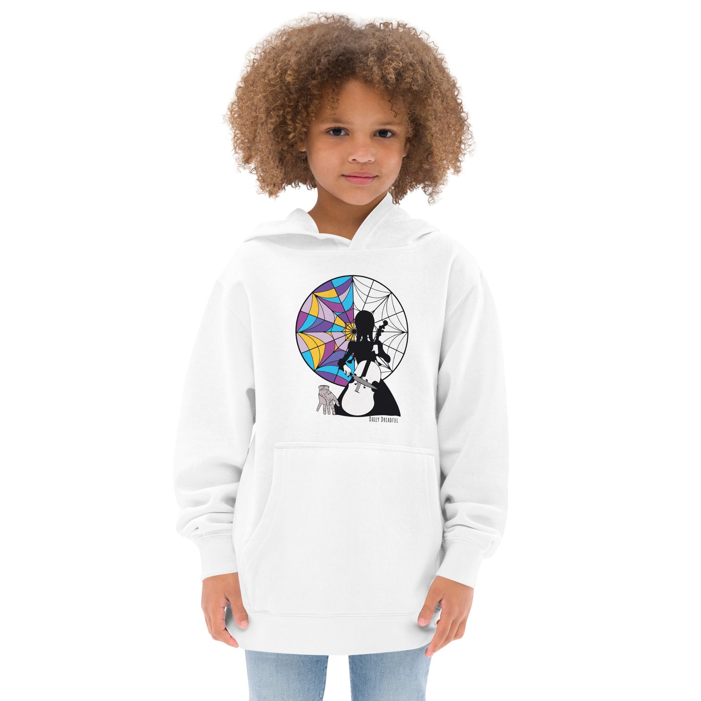 white "Wednesday Addams Cello" Kids fleece hoodie from Daily Dreadful