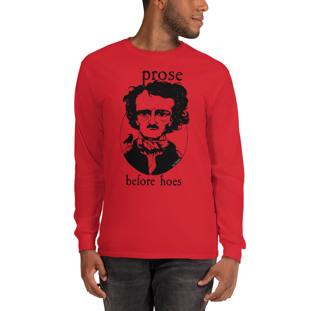 Prose before Hoes mens long sleeve shirt Edgar Allen Poe red