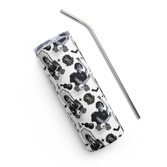 white & black tumbler with Wednesday Addams and her favorite things, bats, skulls, and cellos
