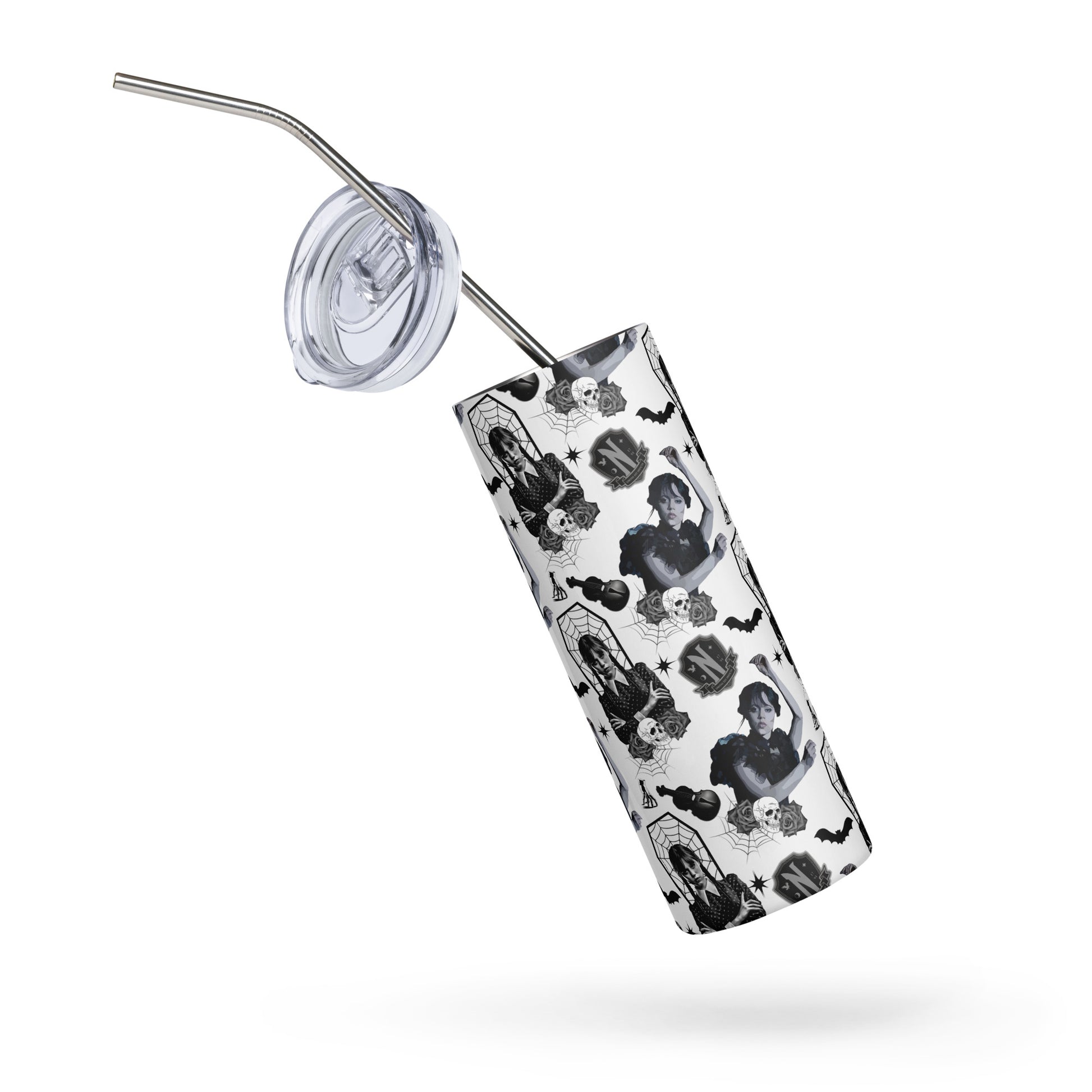 white & black tumbler with Wednesday Addams and her favorite things, bats, skulls, and cellos