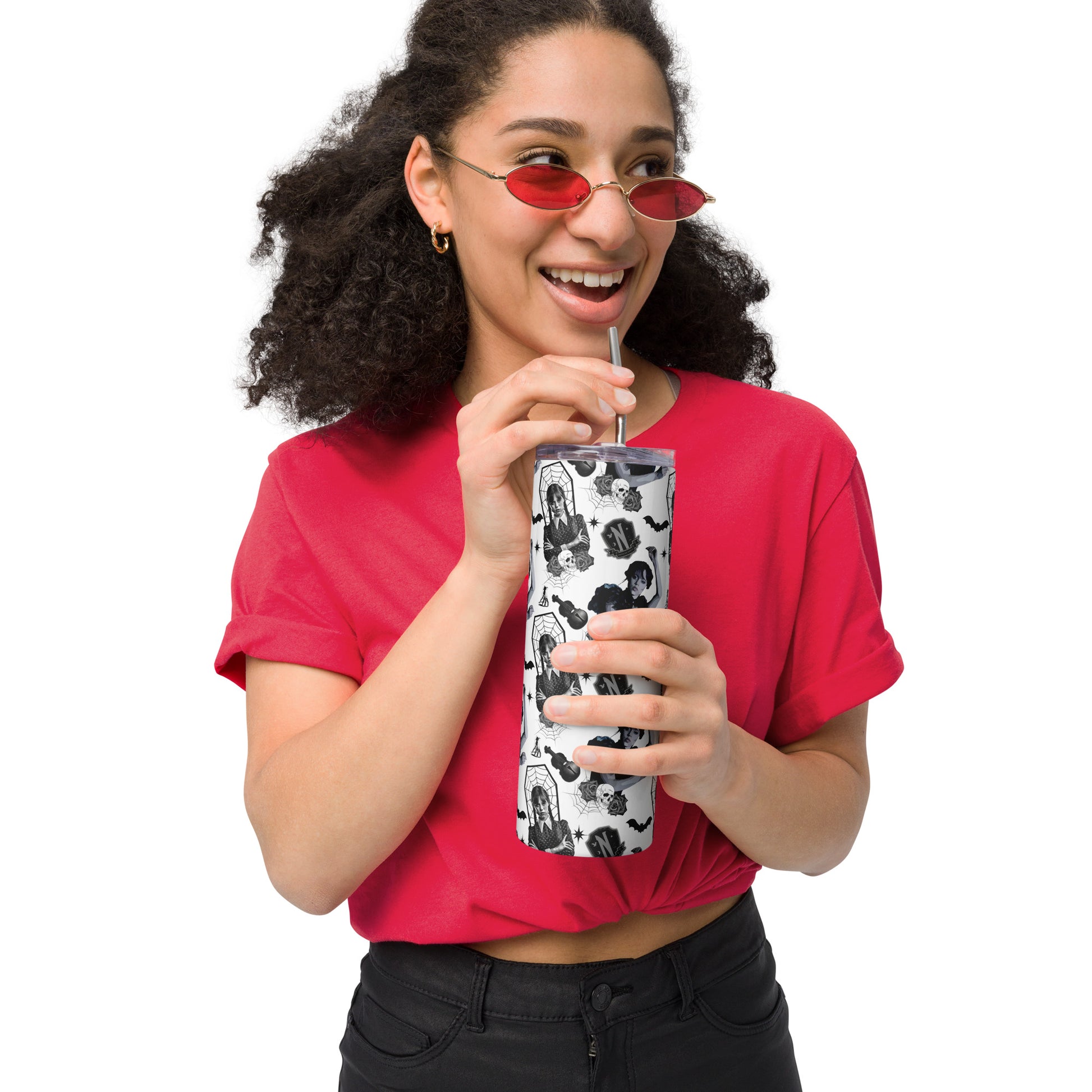 white & black tumbler with Wednesday Addams and her favorite things, bats, skulls, and cellos