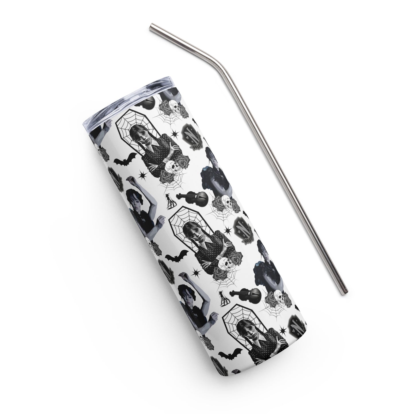 white & black tumbler with Wednesday Addams and her favorite things, bats, skulls, and cellos