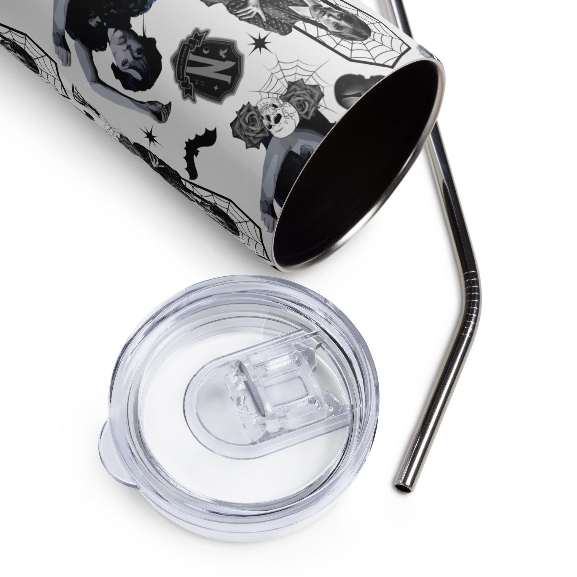 white & black tumbler with Wednesday Addams and her favorite things, bats, skulls, and cellos
