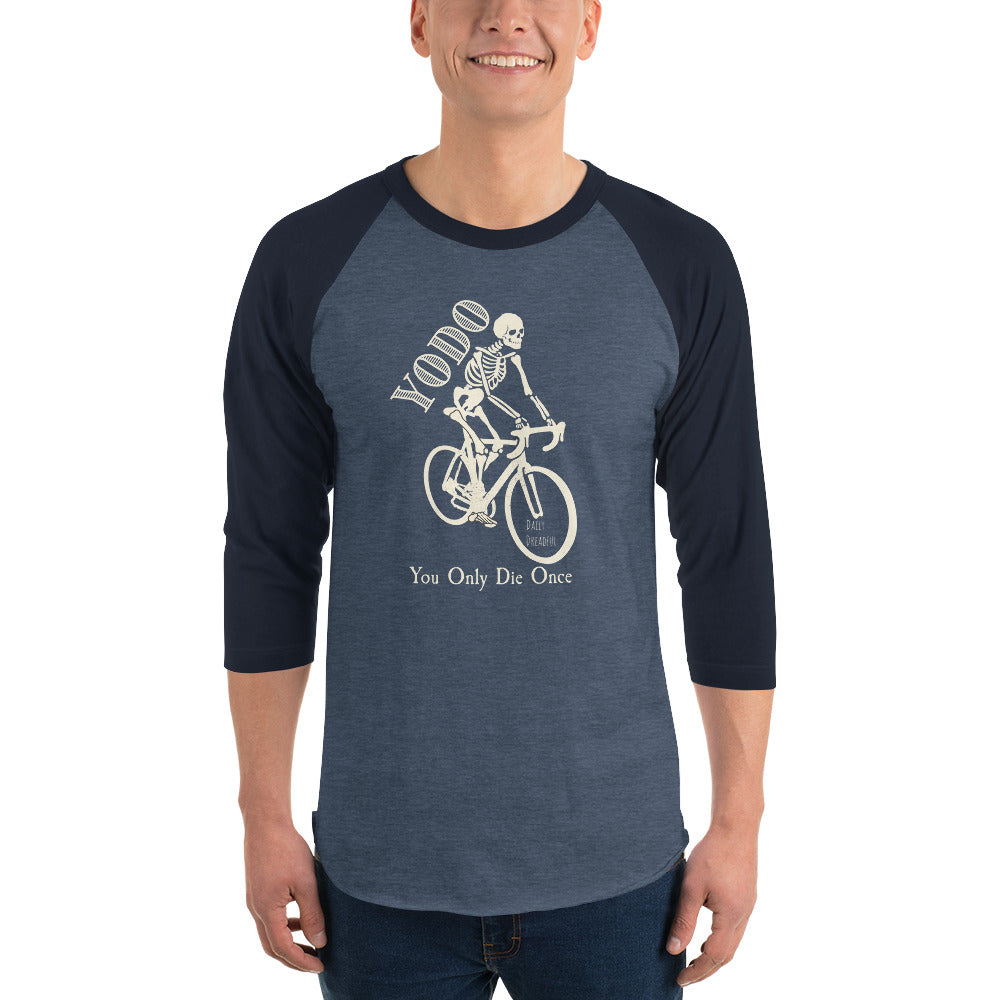 heather denim & navy "YODO" You Only Die Once Men's 3/4 Sleeve Raglan shirt from Daily Dreadful