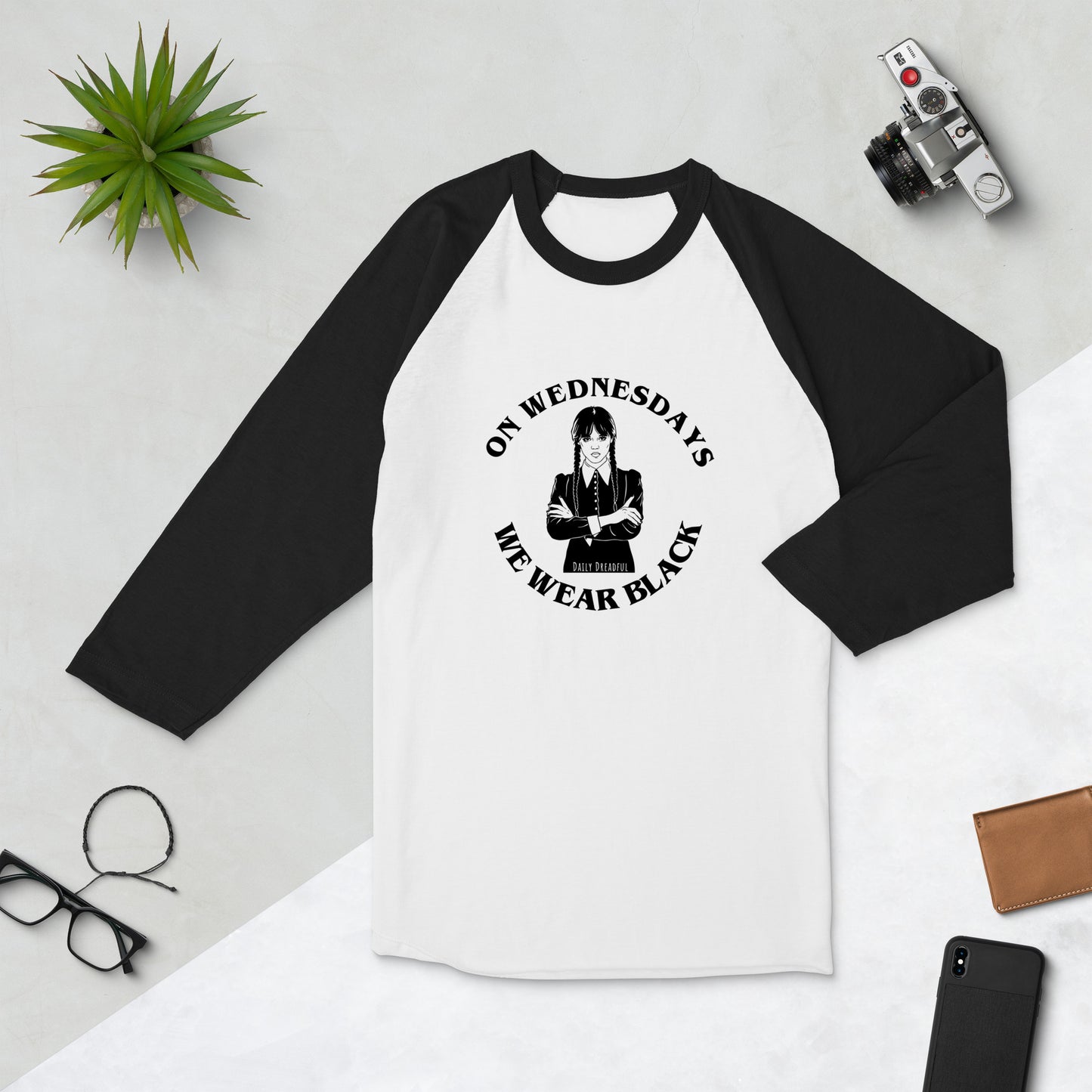 white & black color combo "On Wednesdays We Wear Black" 3/4 sleeve raglan shirt comes from Daily Dreadful