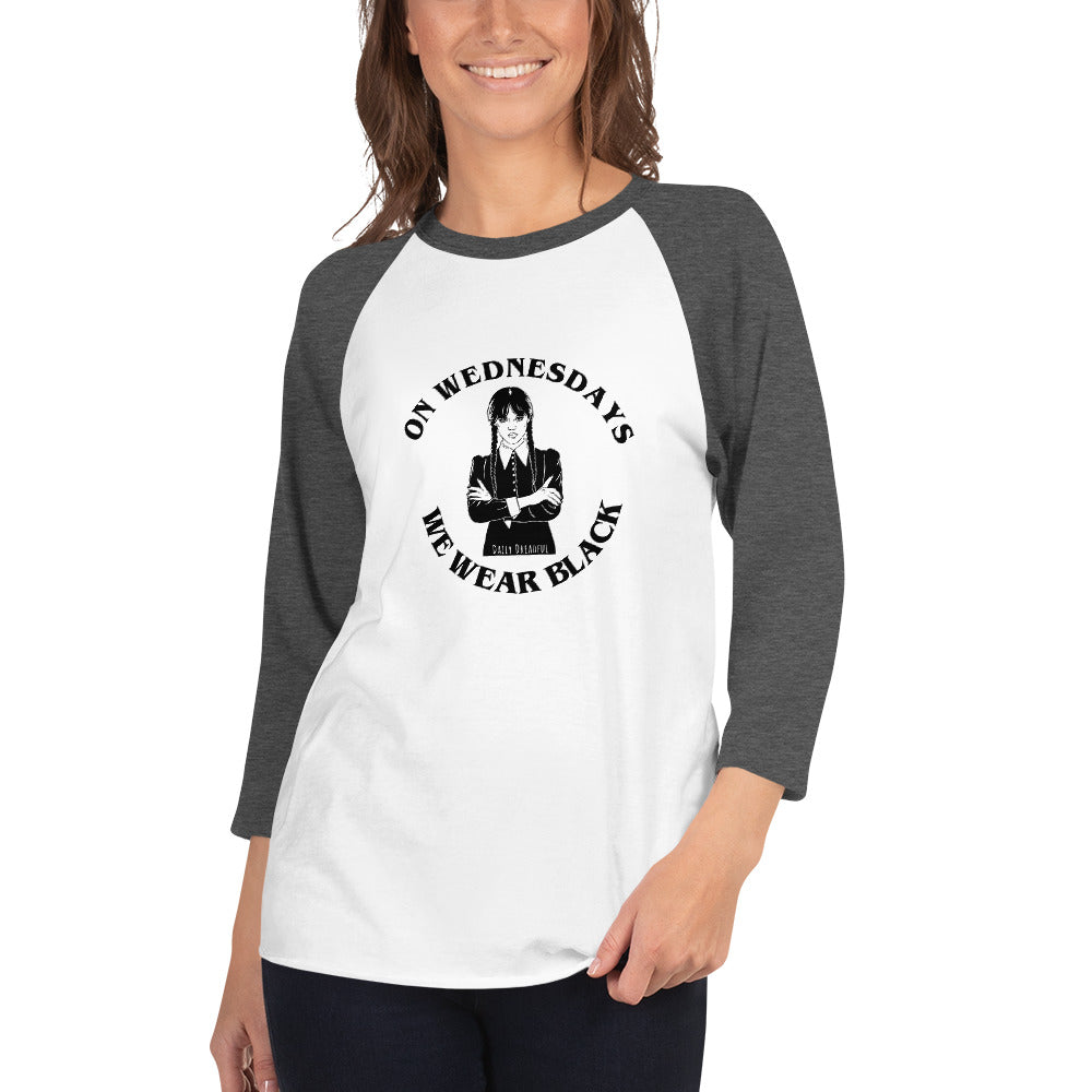 white & heather charcoal "On Wednesdays We Wear Black" 3/4 sleeve raglan shirt comes from Daily Dreadful