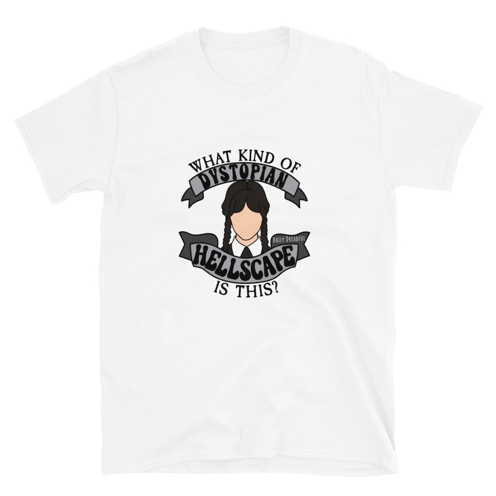 white "Hellscape Wednesday" short-sleeve Unisex T-Shirt from Daily Dreadful