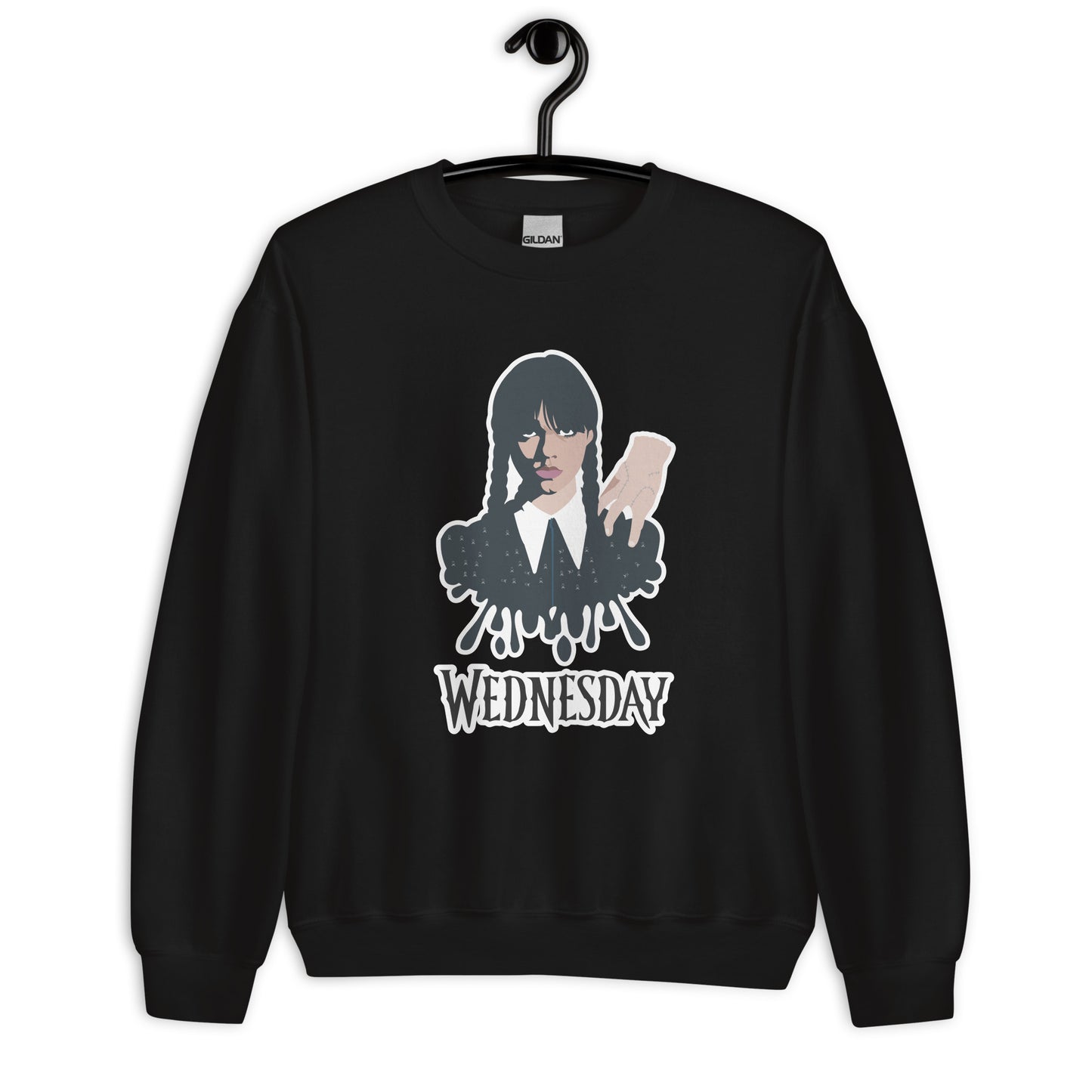 Black sweatshirt with Wednesday Addams and Thing hanging out on her shoulder