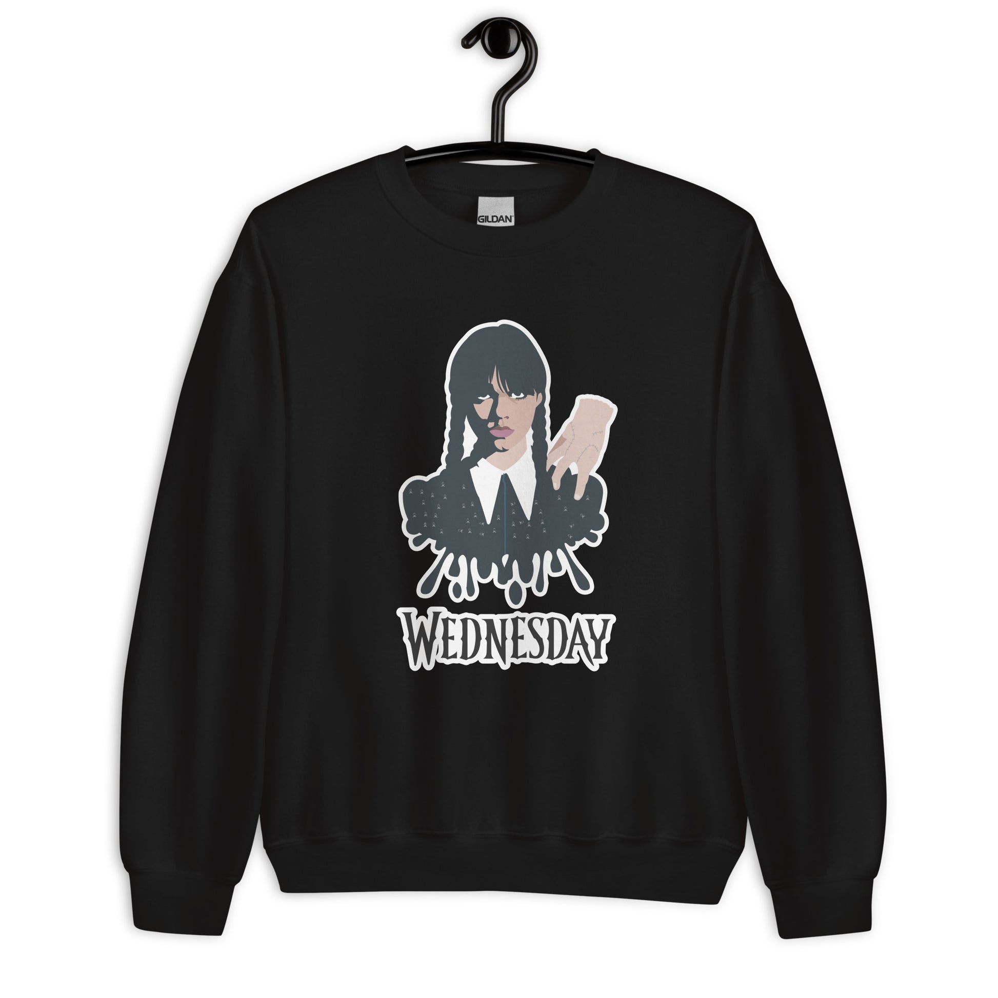 Black sweatshirt with Wednesday Addams and Thing hanging out on her shoulder