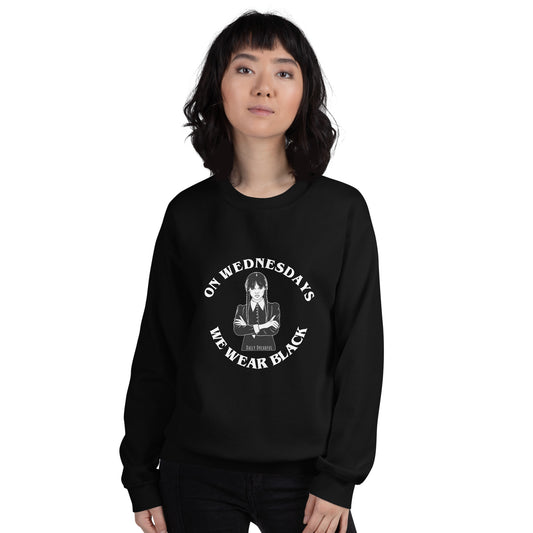 black "On Wednesdays We Wear Black" unisex sweatshirt from Daily Dreadful