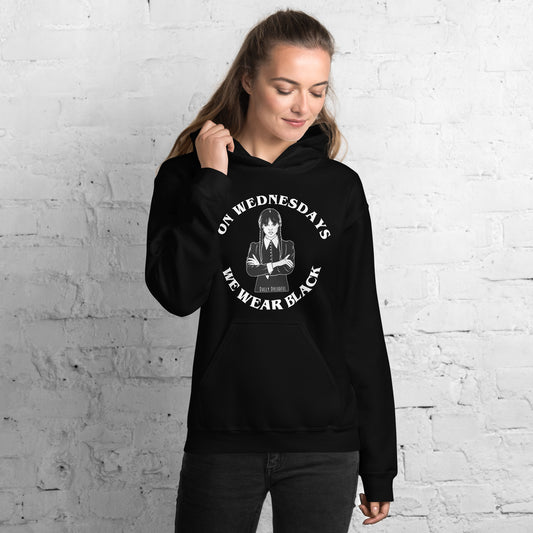 black hoodie with Wednesday's we wear black