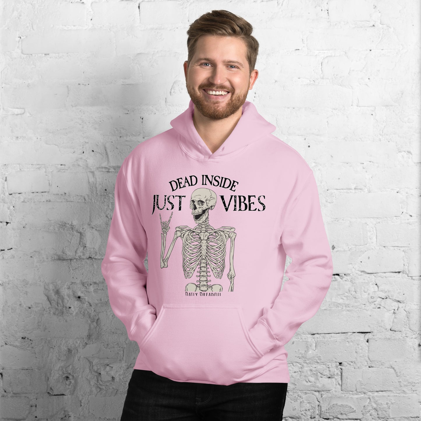 light pink unisex hoodie just vibes skeleton
