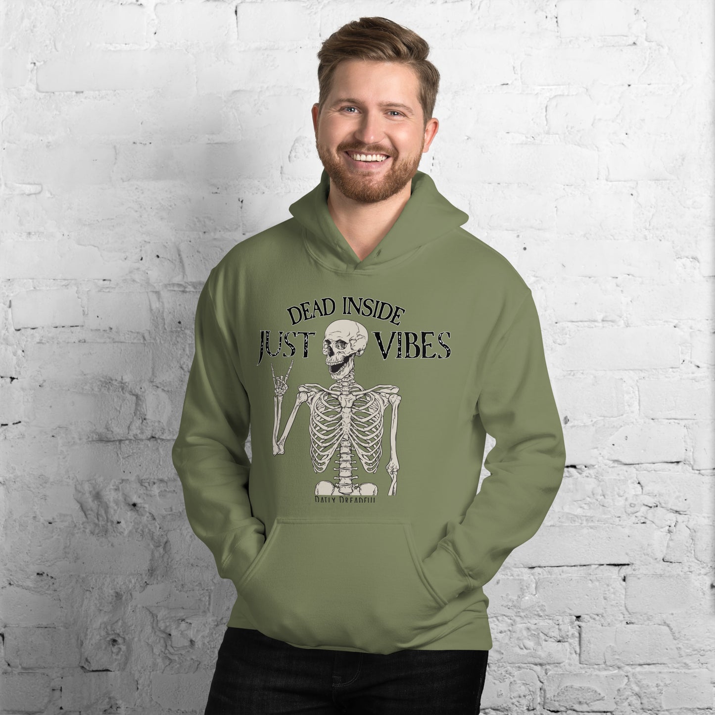 military green unisex hoodie just vibes skeleton