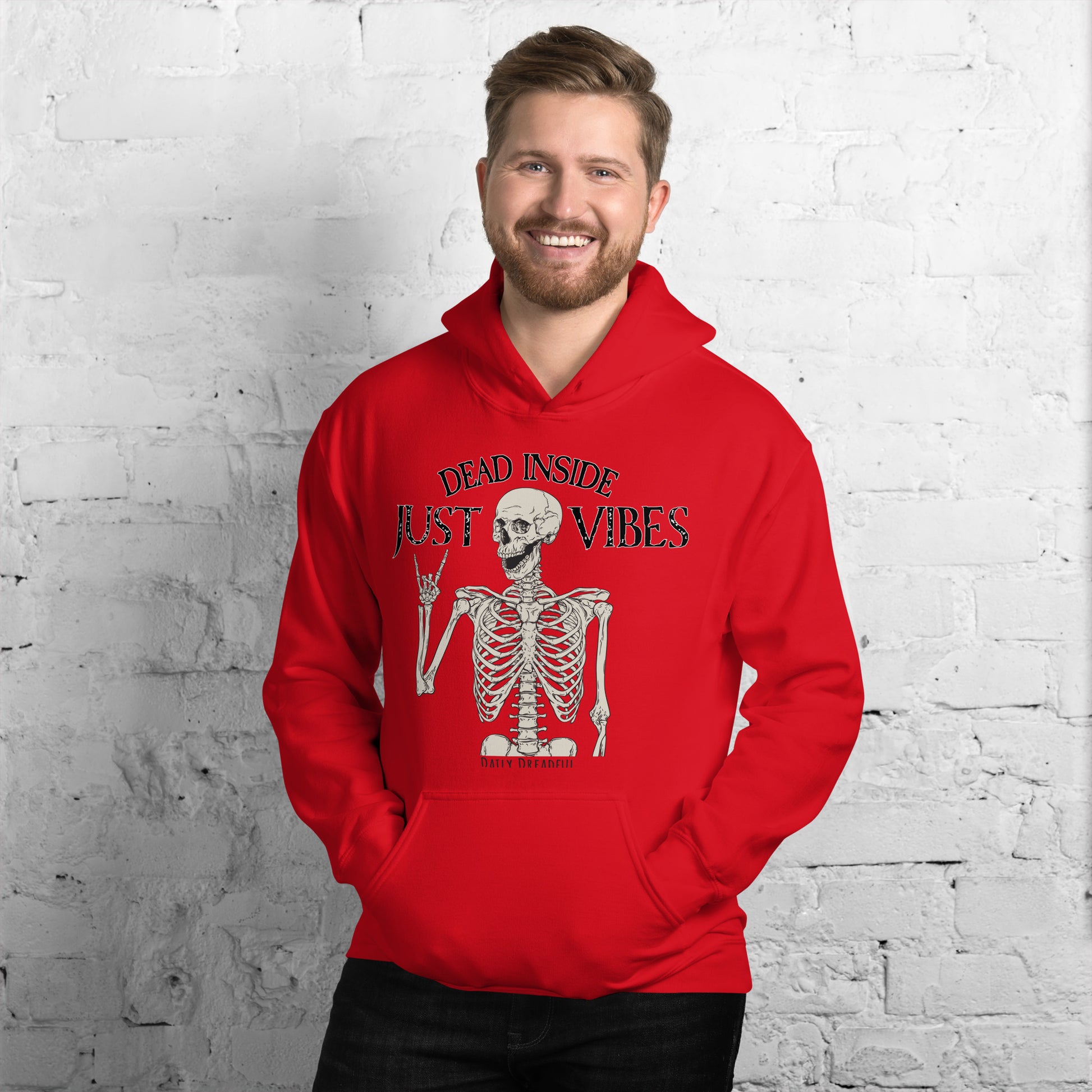 red unisex hoodie just vibes skeleton