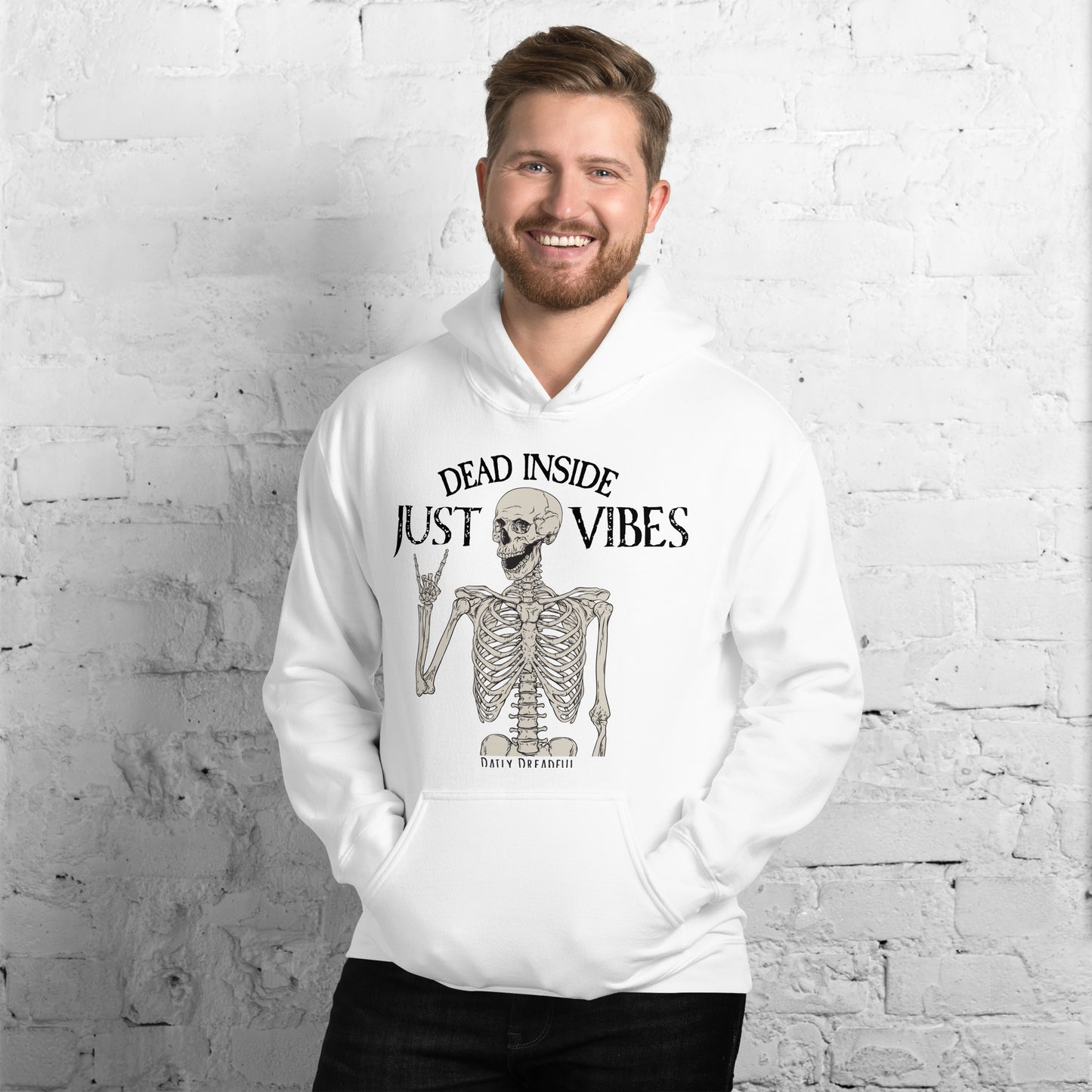 white unisex hoodie just vibes skeleton