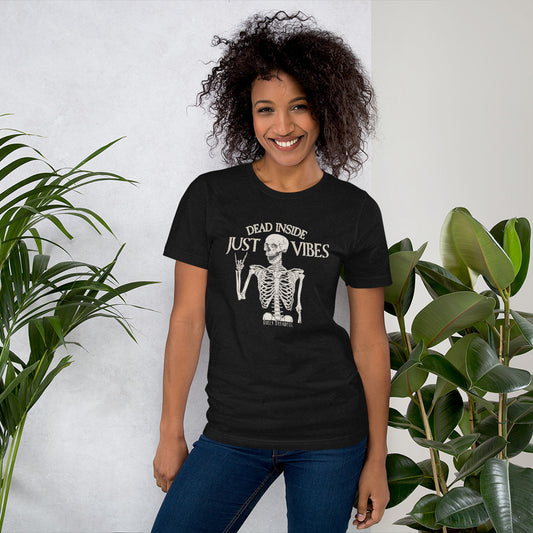 black unisex t shirt just vibes skeleton