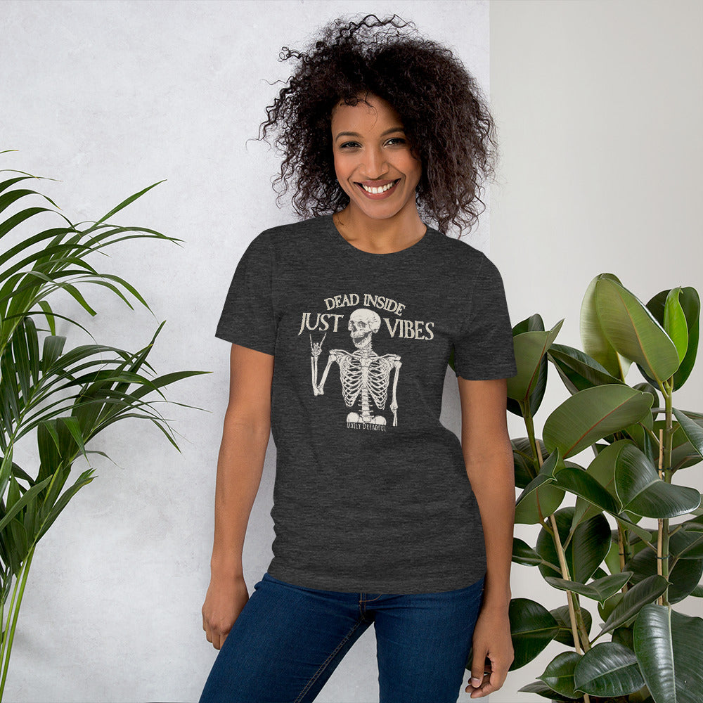 dark heather gray unisex t shirt just vibes skeleton
