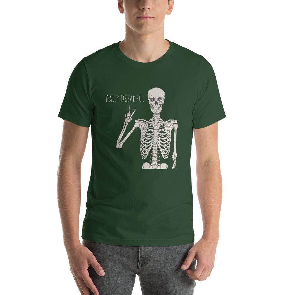 forest green "Peace Out, Skelly" unisex T-shirt from Daily Dreadful