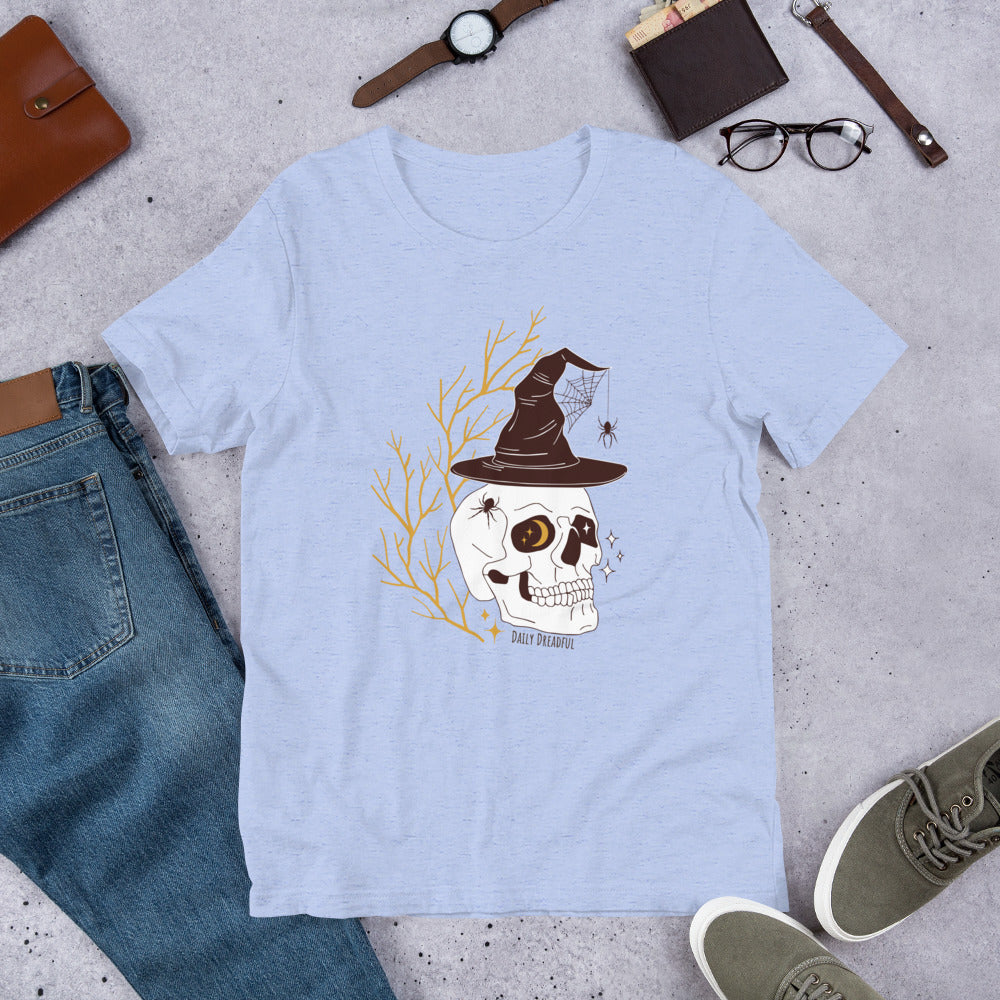 heather blue "Spooky Skull" unisex t-shirt, unisex tee, unisex tee shirt from Daily Dreadful