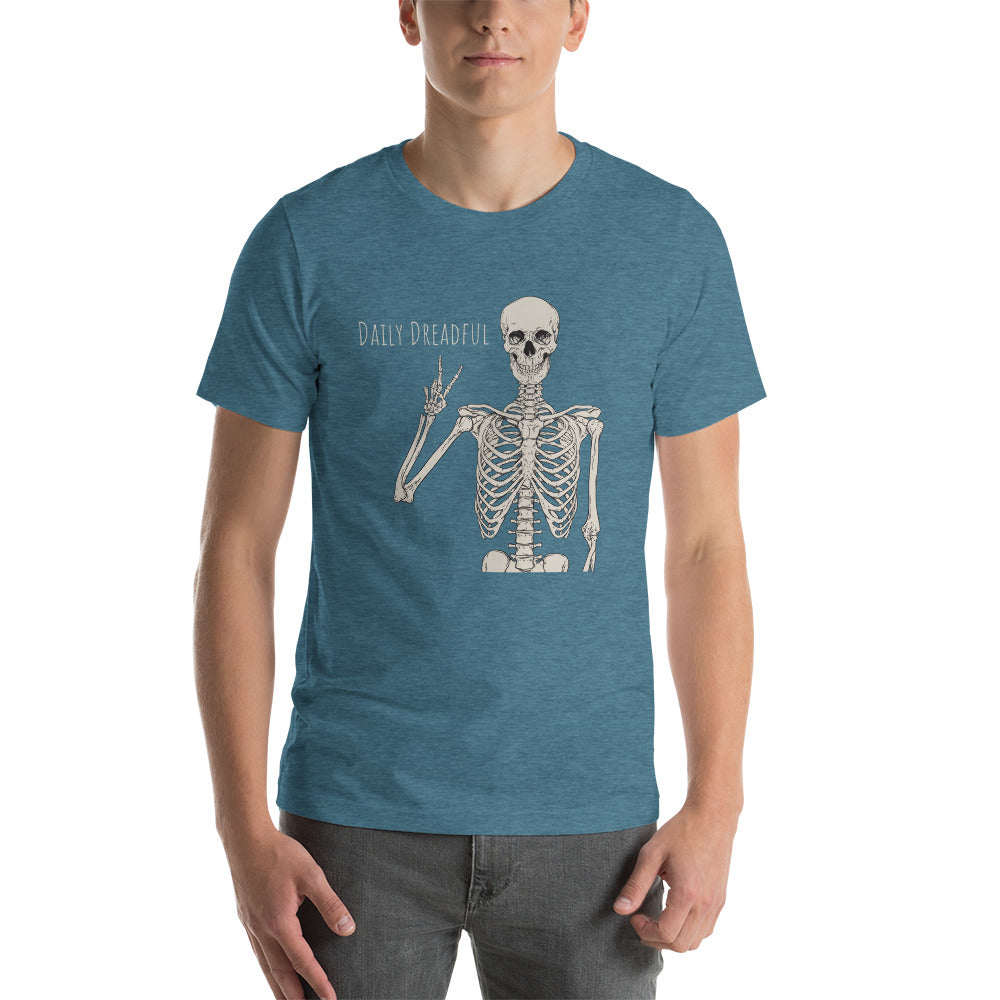 deep teal "Peace Out, Skelly" unisex T-shirt from Daily Dreadful