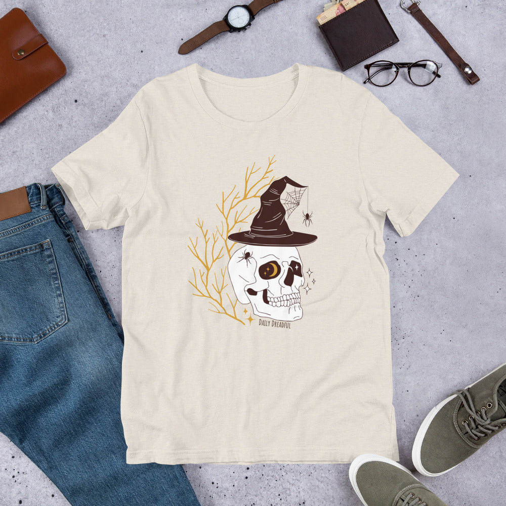 heather dust "Spooky Skull" unisex t-shirt, unisex tee, unisex tee shirt from Daily Dreadful