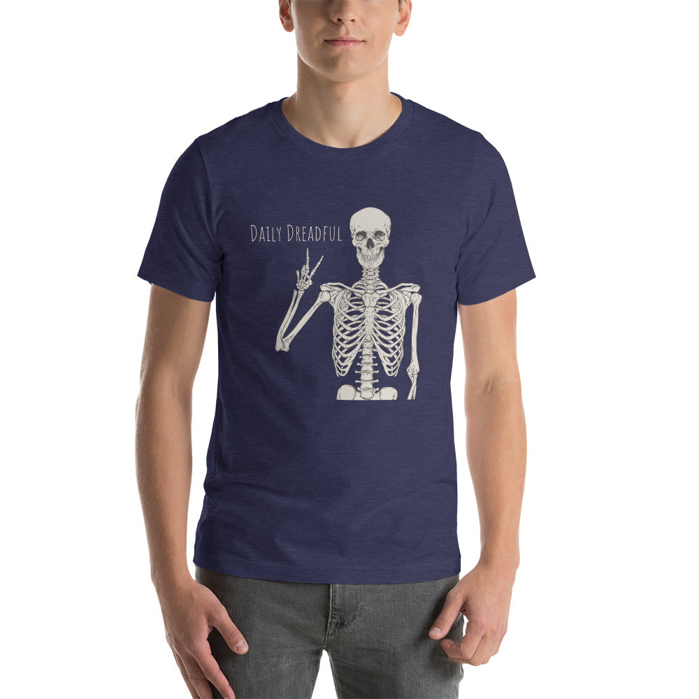 navy "Peace Out, Skelly" unisex T-shirt from Daily Dreadful
