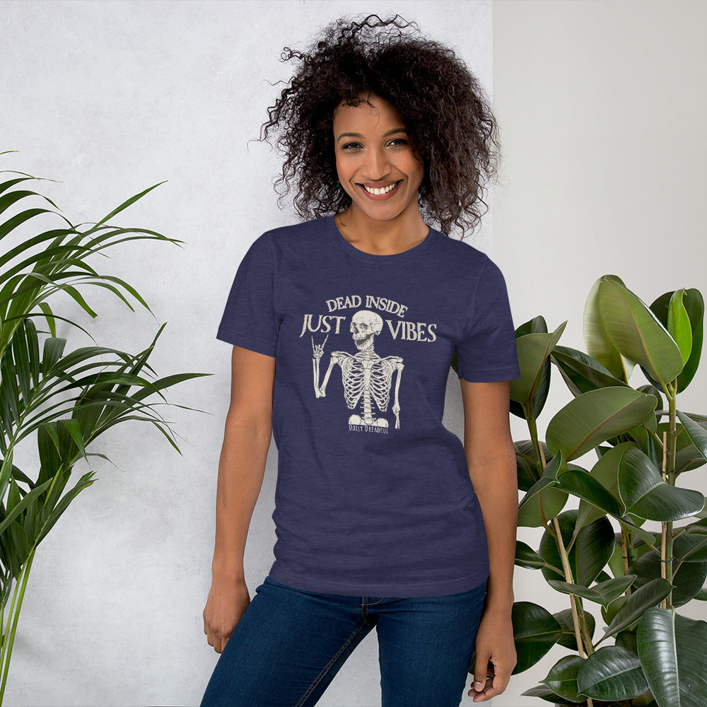 heather midnight navy unisex t shirt just vibes skeleton
