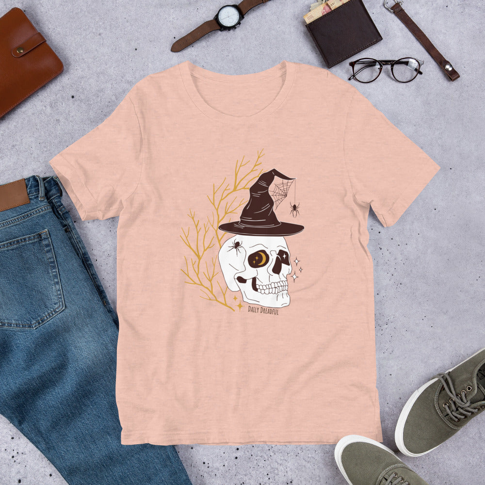 heather prism peach "Spooky Skull" unisex t-shirt, unisex tee, unisex tee shirt from Daily Dreadful