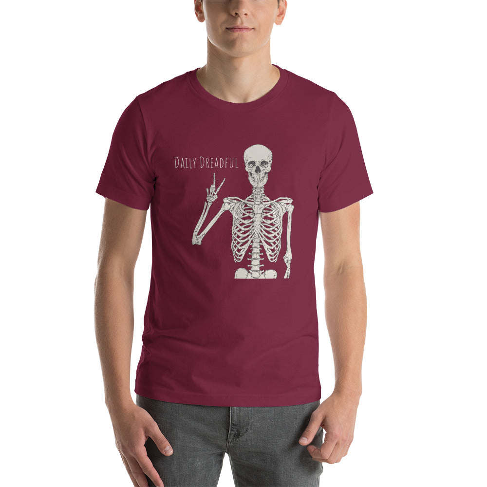 maroon "Peace Out, Skelly" unisex T-shirt from Daily Dreadful