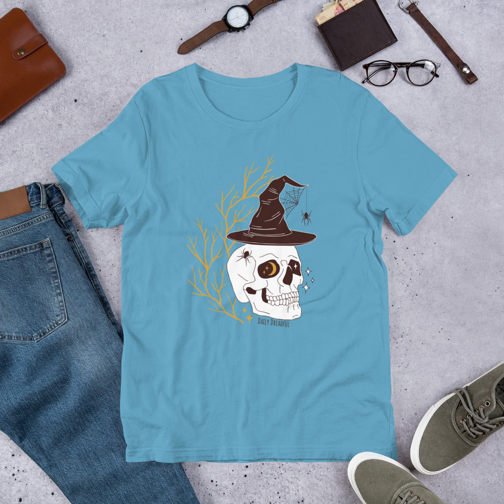 ocean blue "Spooky Skull" unisex t-shirt, unisex tee, unisex tee shirt from Daily Dreadful