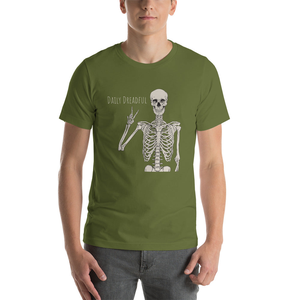olive colored "Peace Out, Skelly" unisex T-shirt from Daily Dreadful