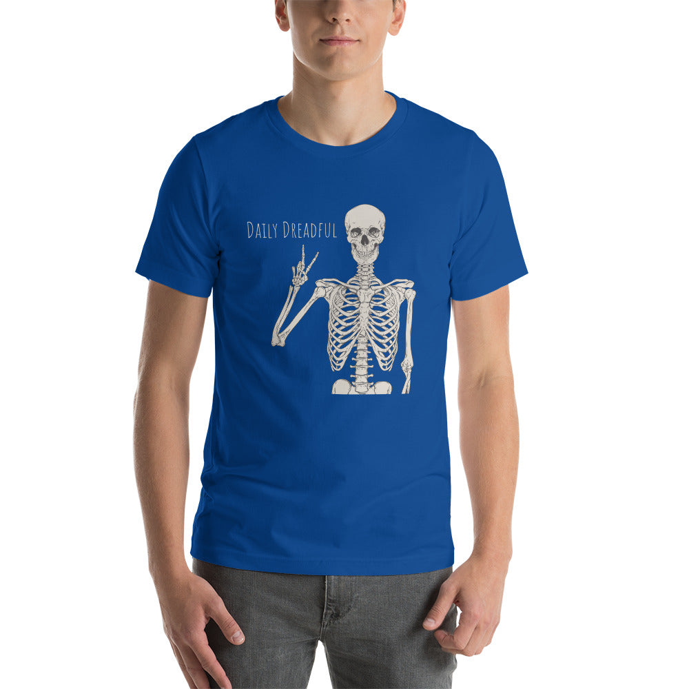 royal blue "Peace Out, Skelly" unisex T-shirt from Daily Dreadful