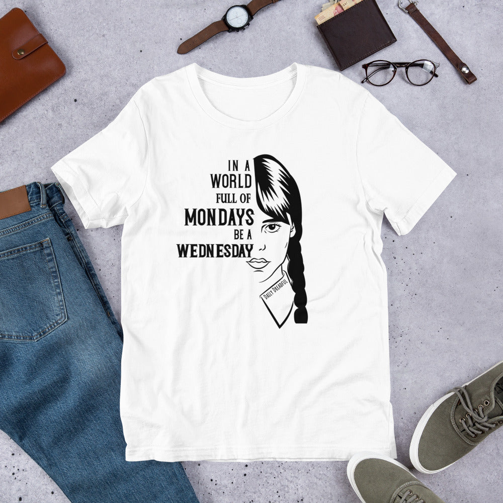 white "Wednesday Addams Monday" t-shirt from Daily Dreadful