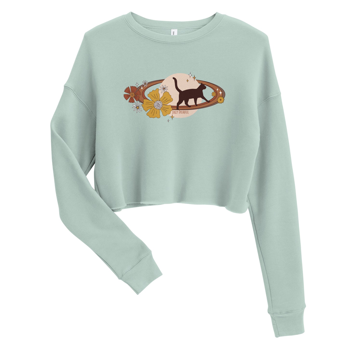 dusty blue colored "Space Kitty" crop sweatshirt from Daily Dreadful