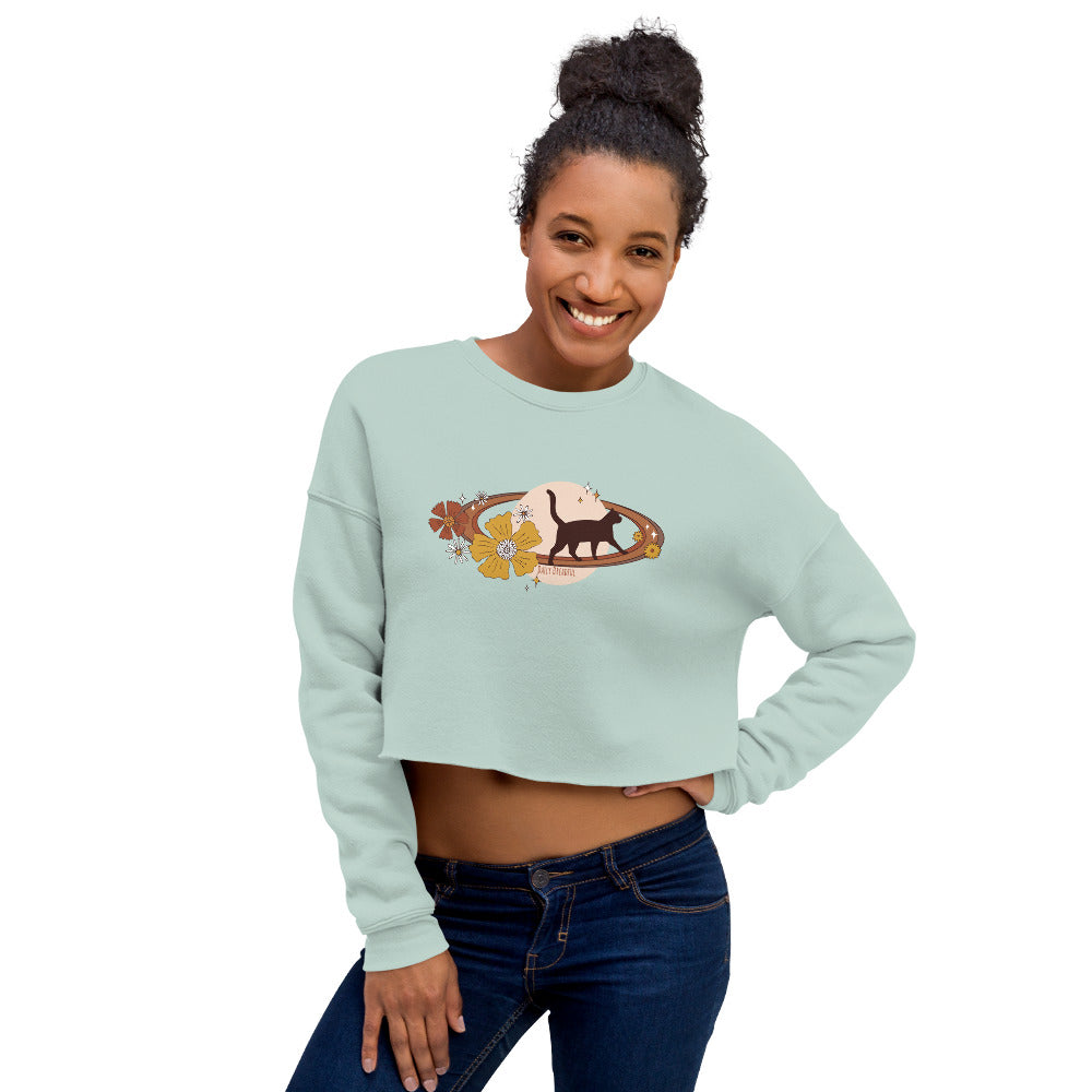dusty blue colored "Space Kitty" crop sweatshirt from Daily Dreadful