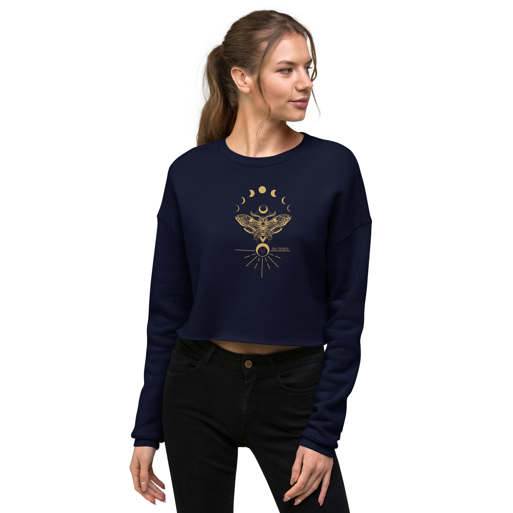 navy "mystic moth" crop sweatshirt, daily dreadful sweats