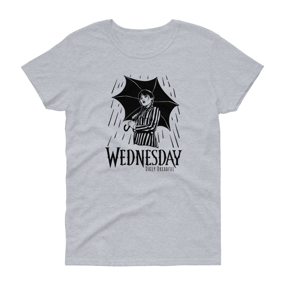 grey short sleeve shirt with Wednesday Addams holding an umbrella