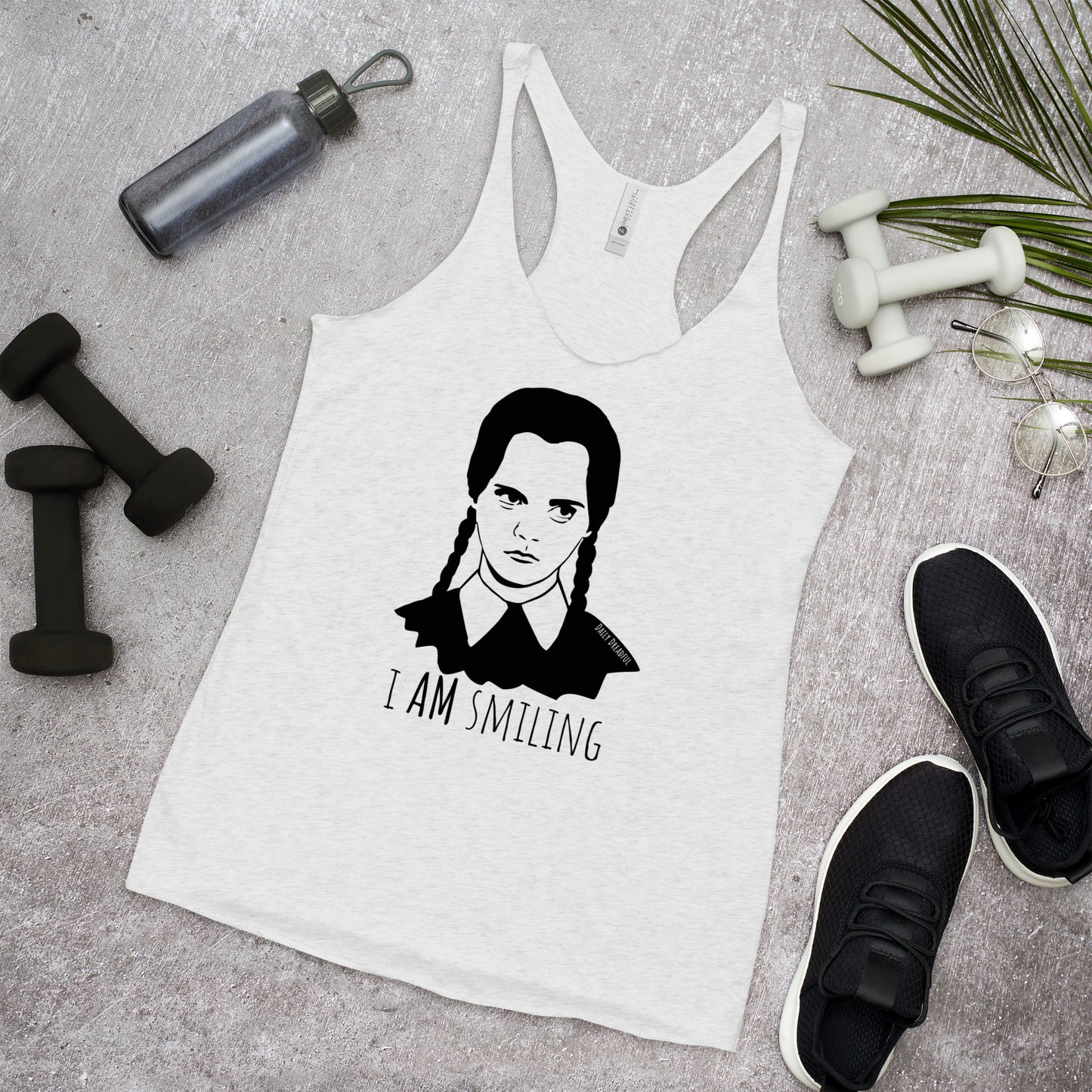 heather white "I Am Smiling" Wednesday Addams Racerback Tank Top from Daily Dreadful