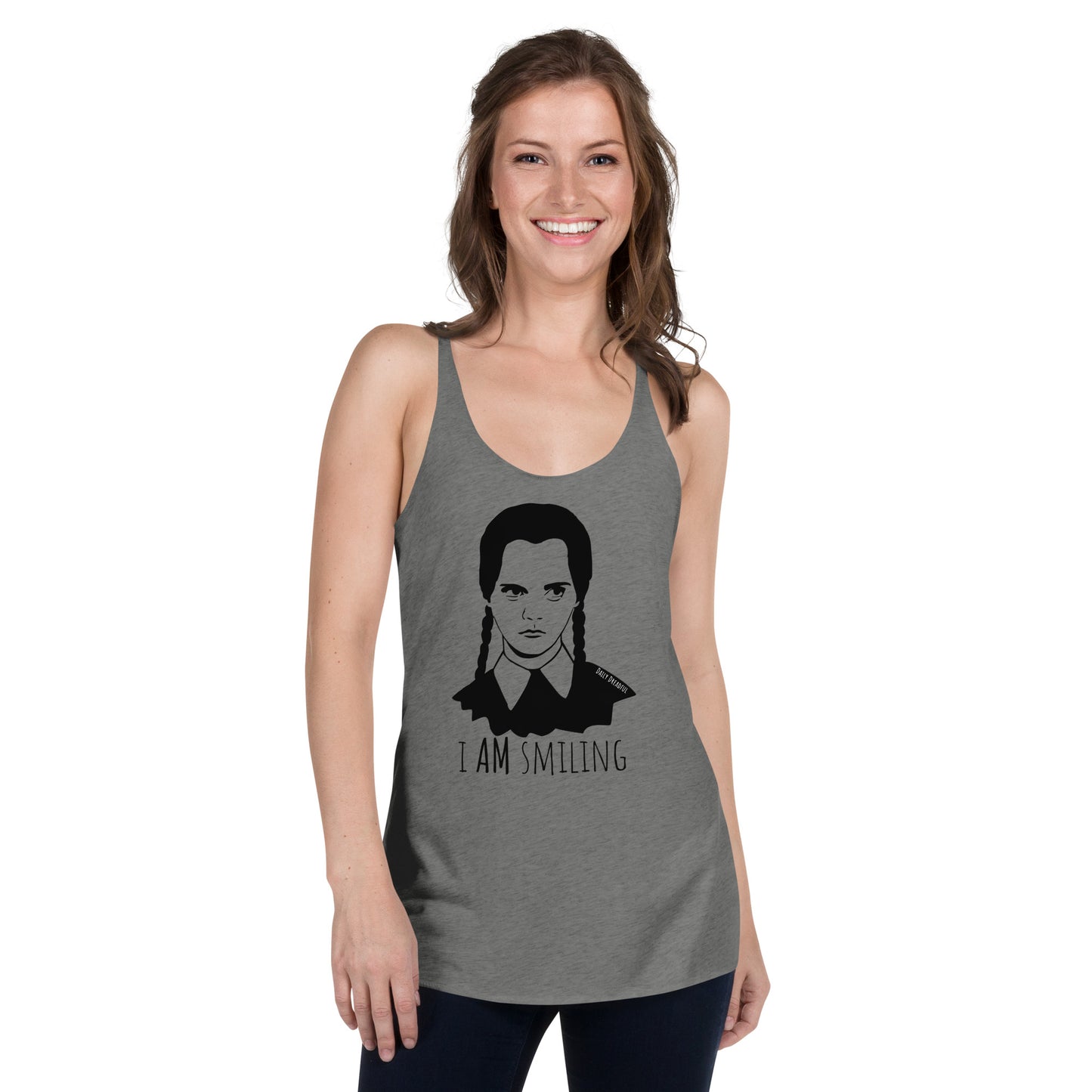 premium heather "I Am Smiling" Wednesday Addams Racerback Tank Top from Daily Dreadful