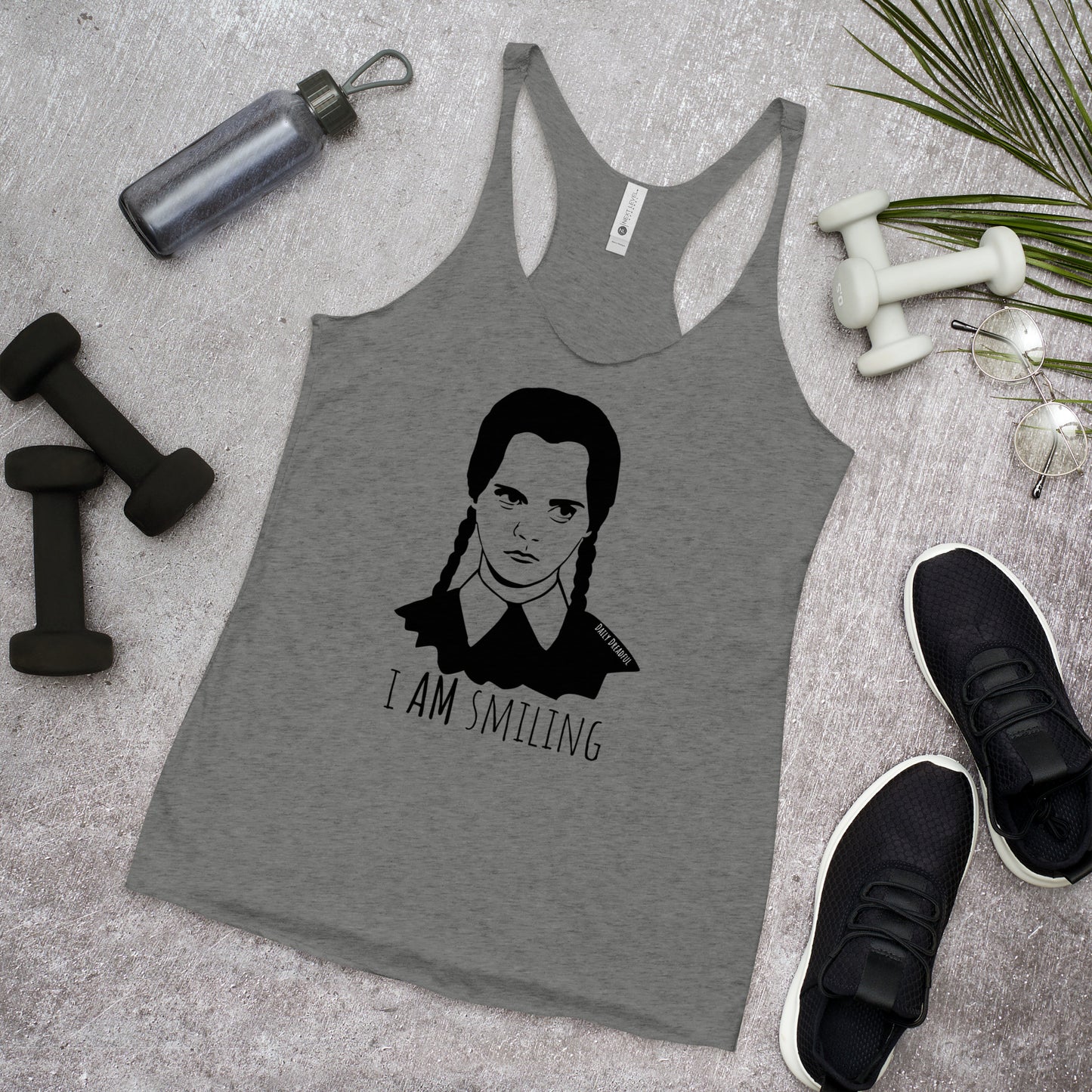 premium heather "I Am Smiling" Wednesday Addams Racerback Tank Top from Daily Dreadful