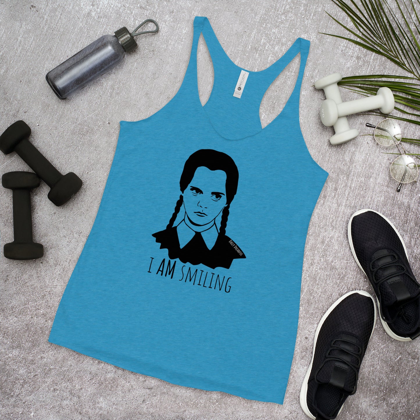 vintage turquoise "I Am Smiling" Wednesday Addams Racerback Tank Top from Daily Dreadful