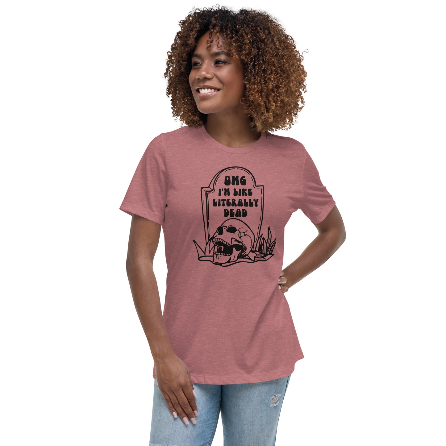 heather mauve "OMG Dead" women's relaxed t-shirt, women's tee from daily dreadful