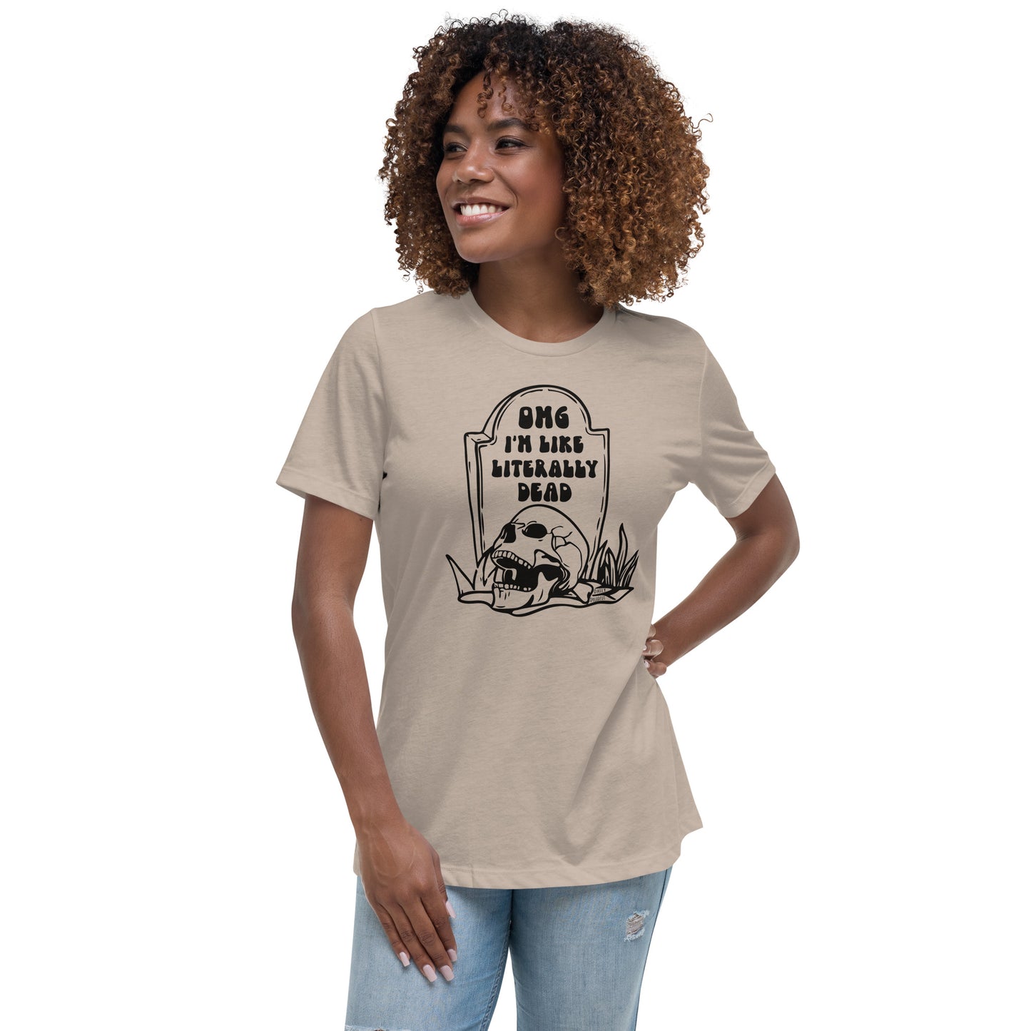 stone front "OMG Dead" women's relaxed t-shirt, women's tee from daily dreadful