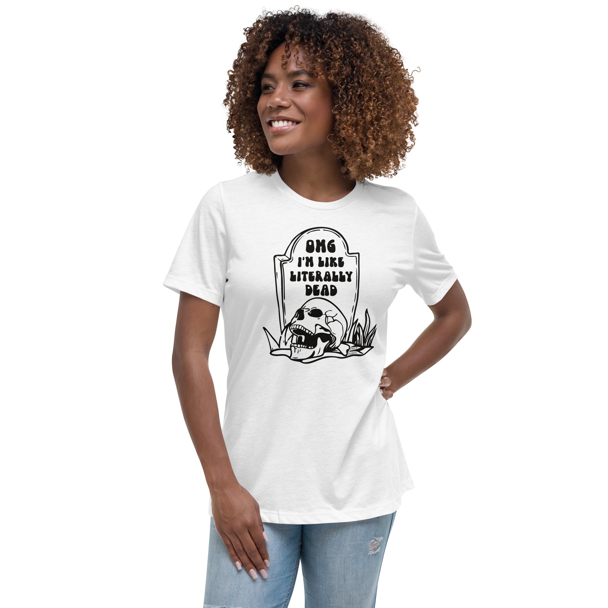 white "OMG Dead" women's relaxed t-shirt, women's tee from daily dreadful